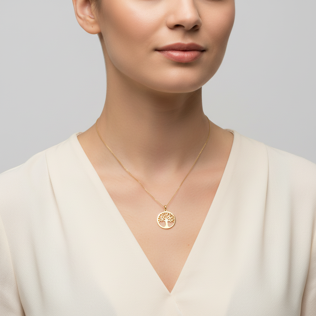 18K Yellow Gold Round Tree Of Life Pendant