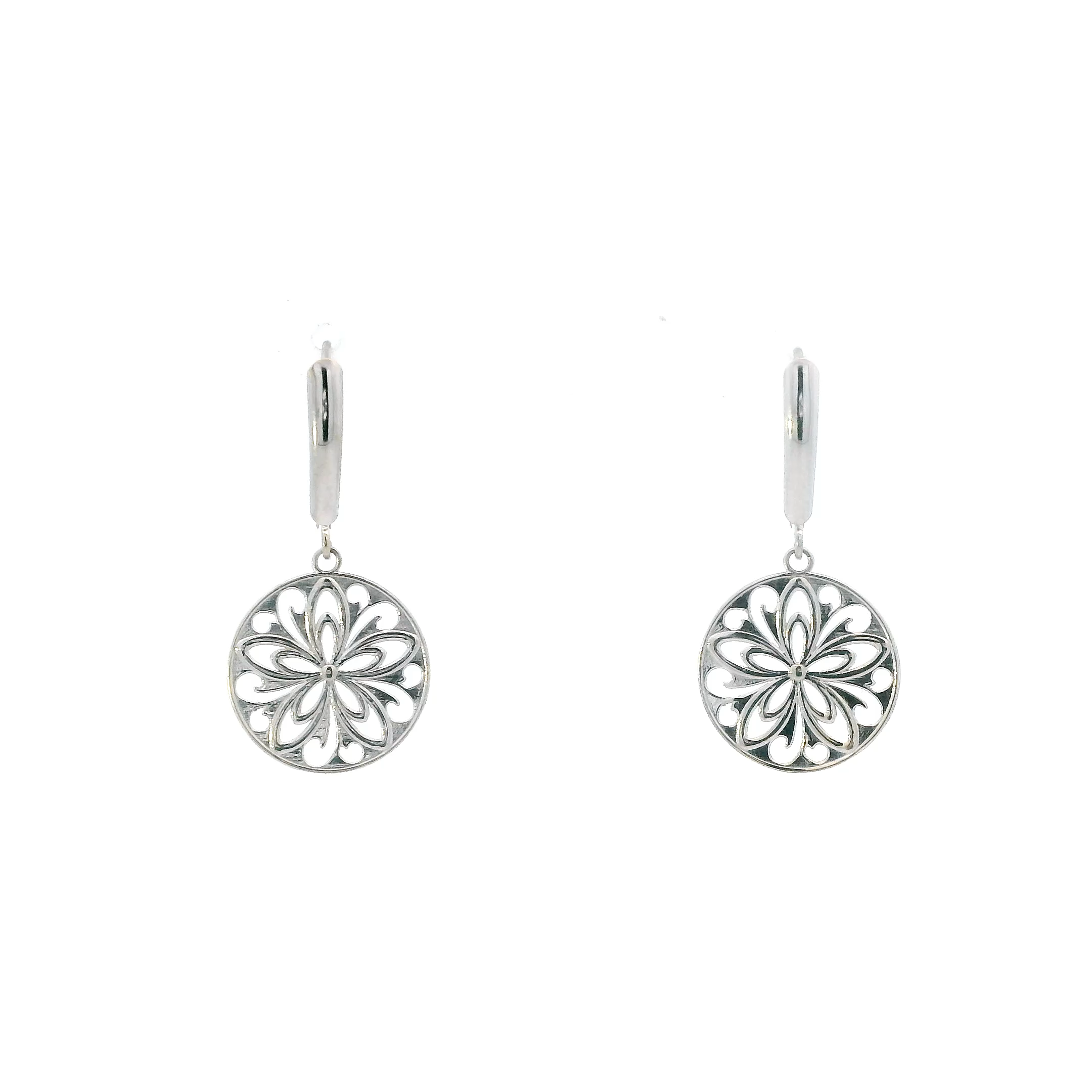 14K White Gold Round Floral Dangle Earrings