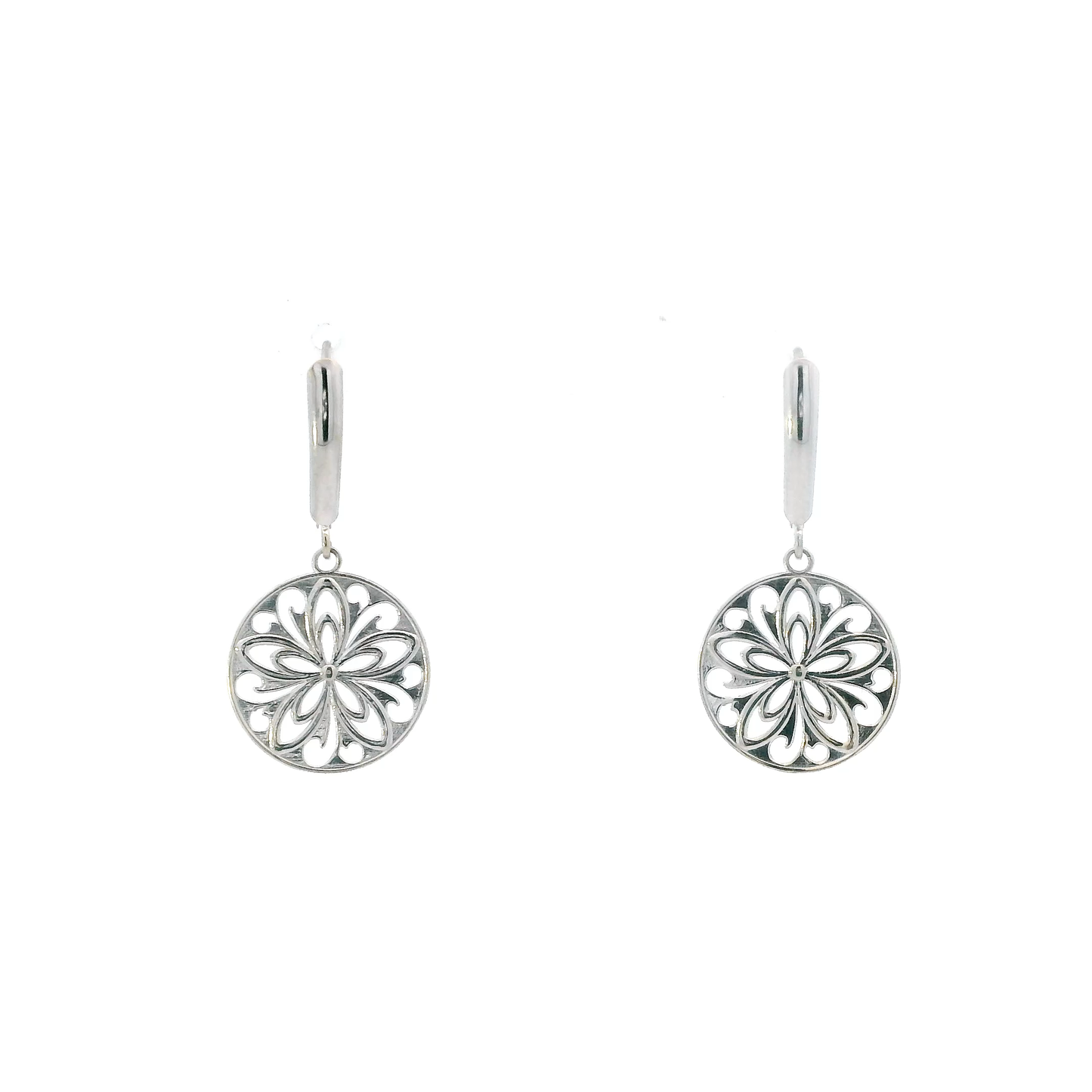 14K White Gold Round Floral Dangle Earrings