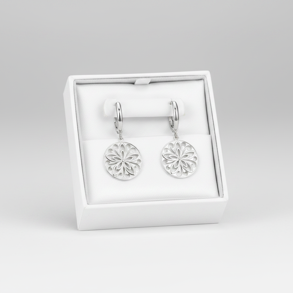 14K White Gold Round Floral Dangle Earrings