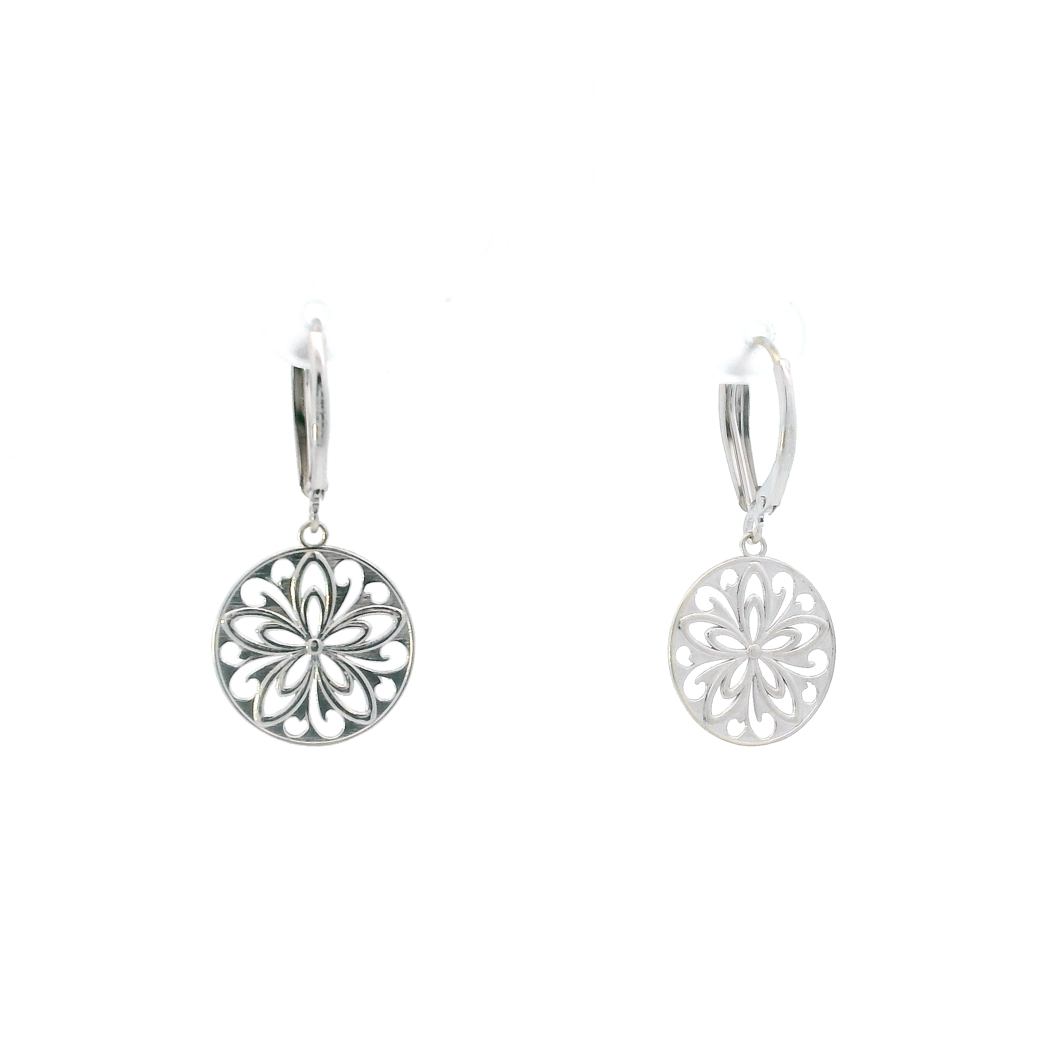 14K White Gold Round Floral Dangle Earrings