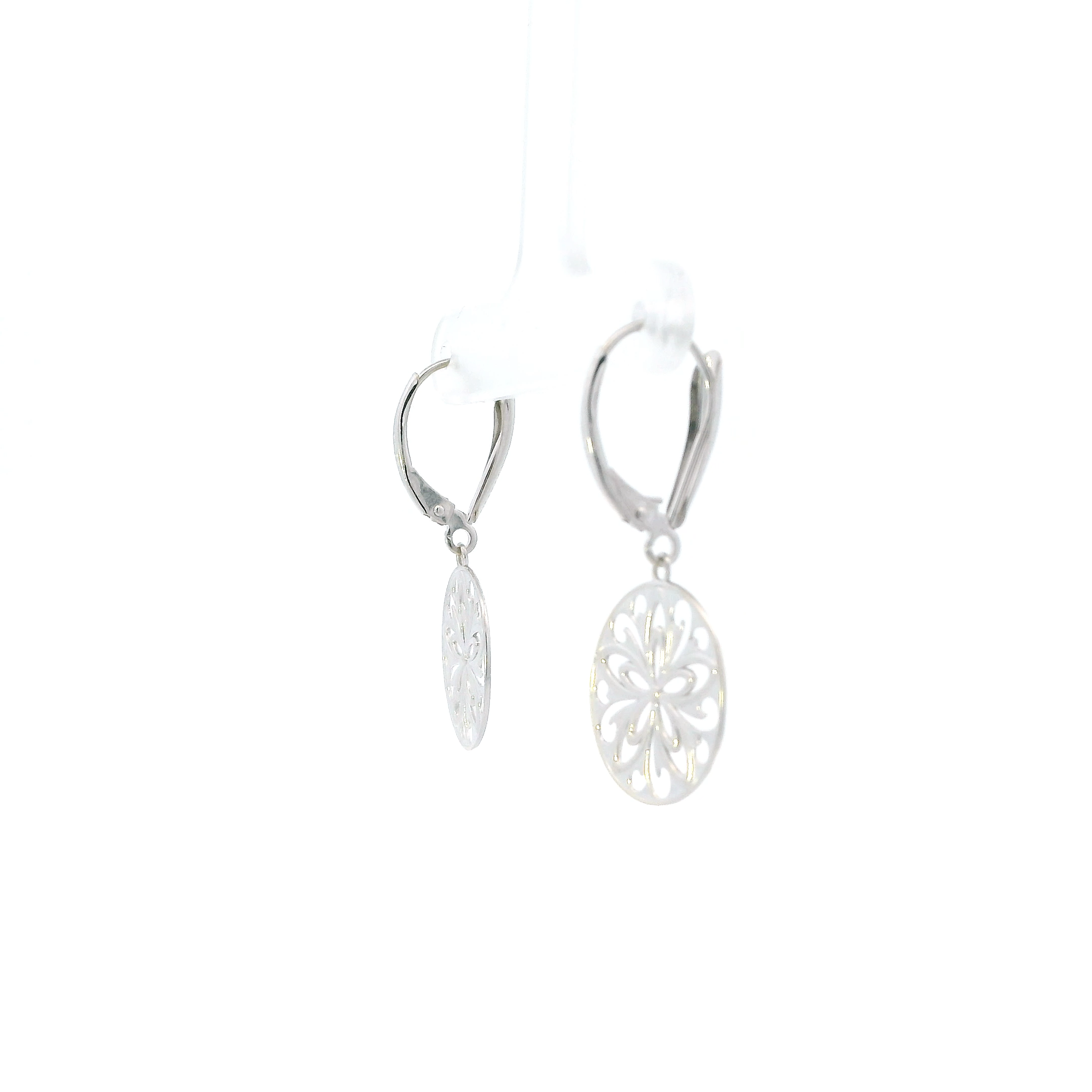14K White Gold Round Floral Dangle Earrings