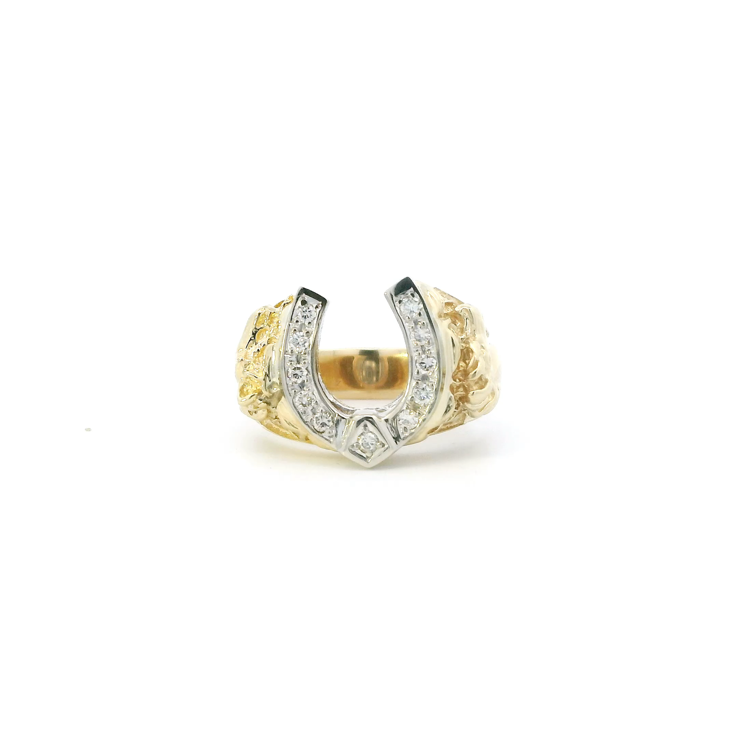14K Yellow & White Gold Diamond Horse Heads & Hoseshoe Mens Ring - 0.28