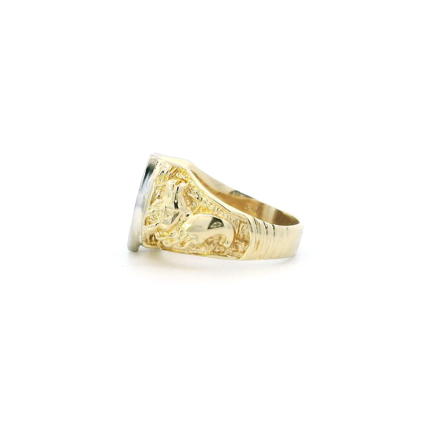 14K Yellow & White Gold Diamond Horse Heads & Hoseshoe Mens Ring - 0.28