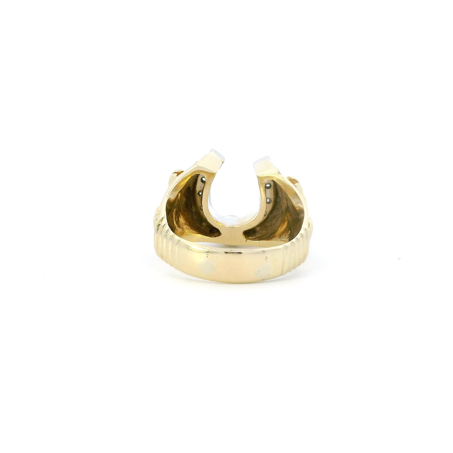 14K Yellow & White Gold Diamond Horse Heads & Hoseshoe Mens Ring - 0.28