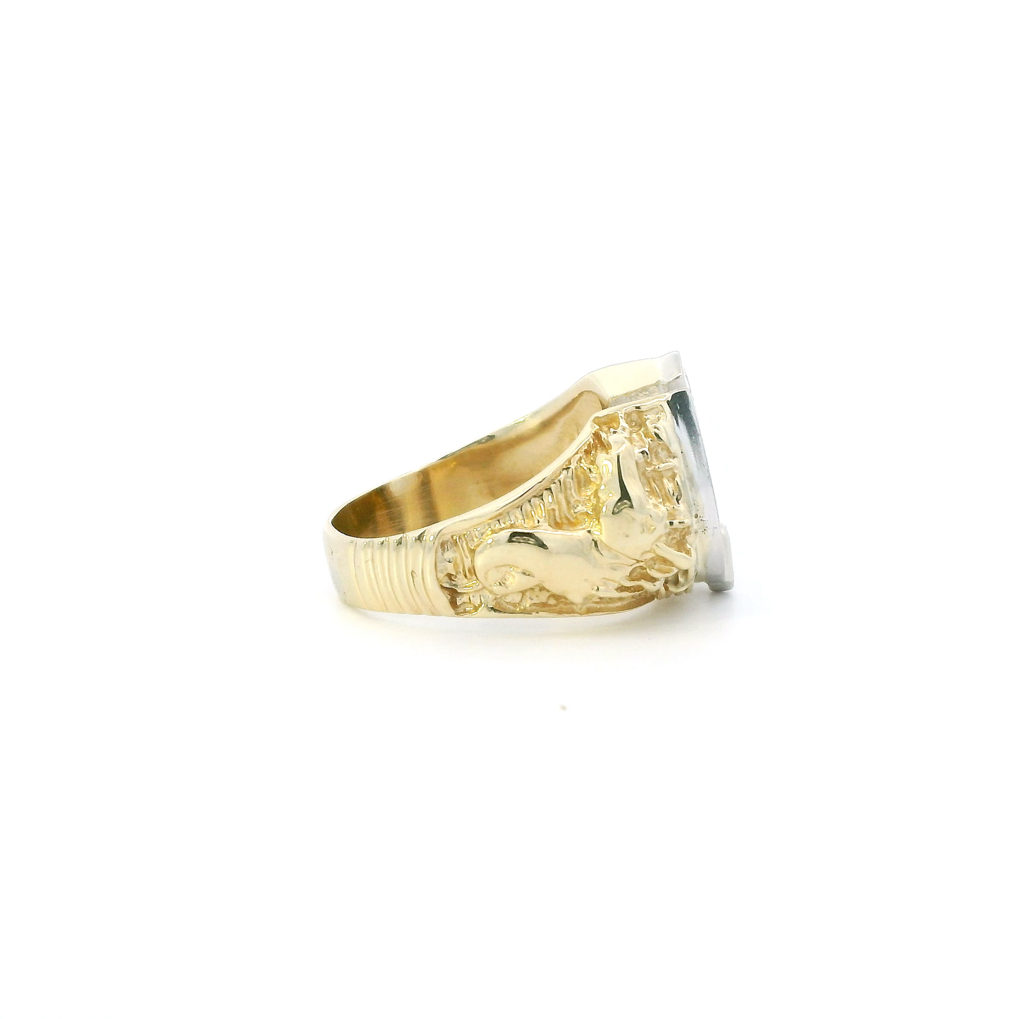 14K Yellow & White Gold Diamond Horse Heads & Hoseshoe Mens Ring - 0.28