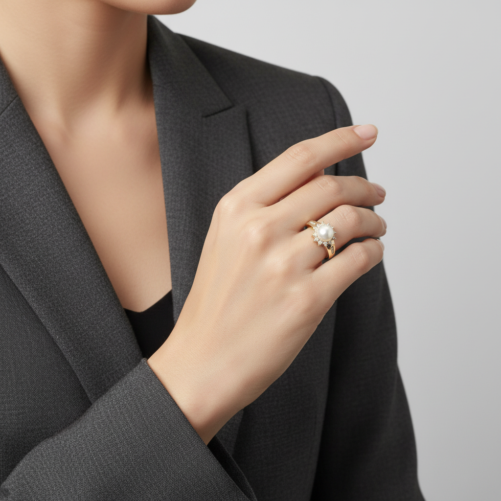 14K Yellow Gold Pearl & Daimond Womens Ring - 0.24ct