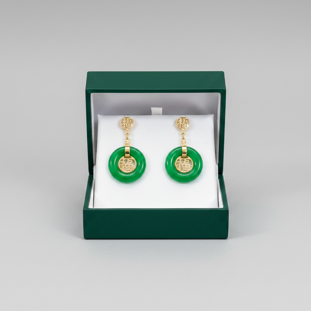 14K Yellow Gold Jade Good Luck Symbol Dangle Earrings