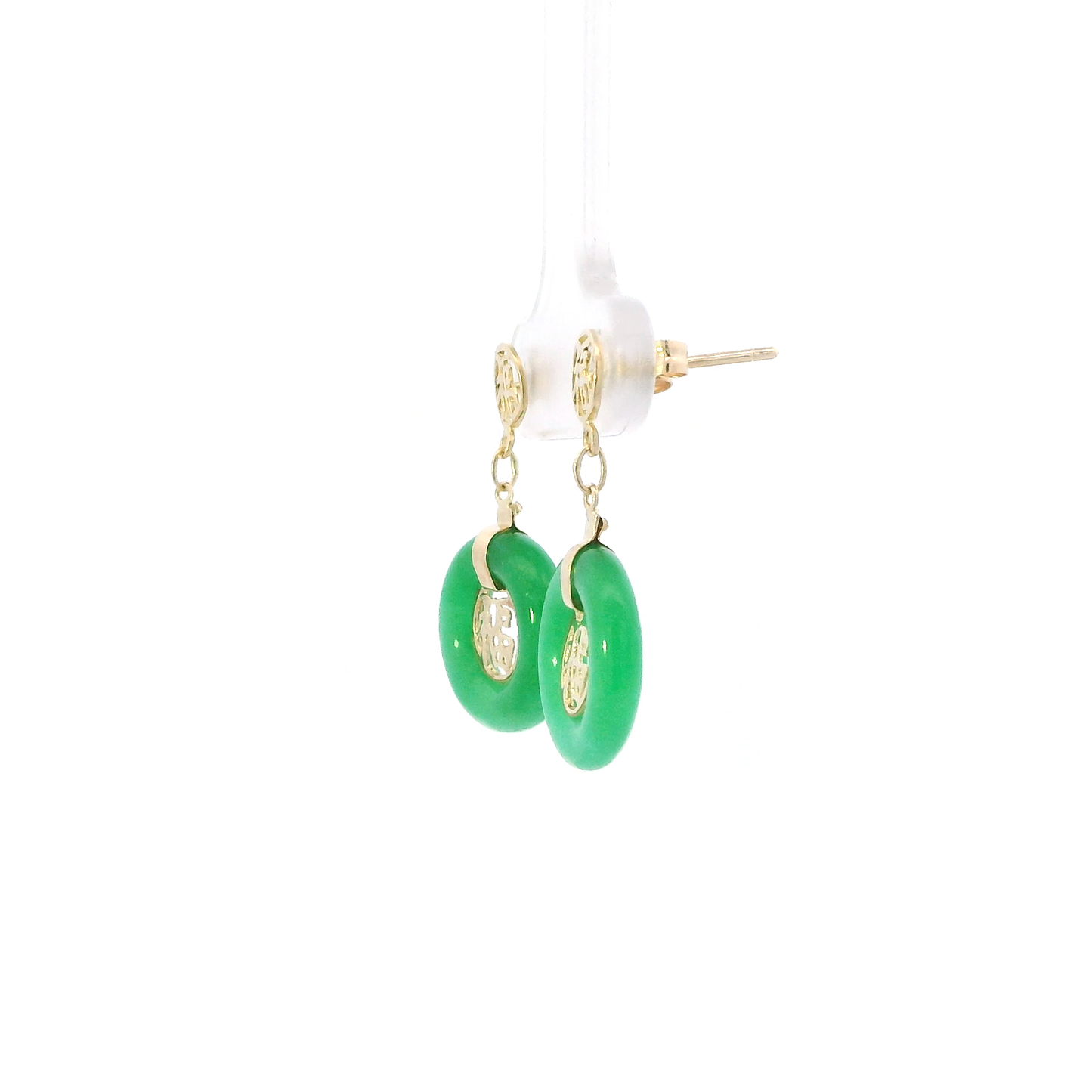 14K Yellow Gold Jade Good Luck Symbol Dangle Earrings
