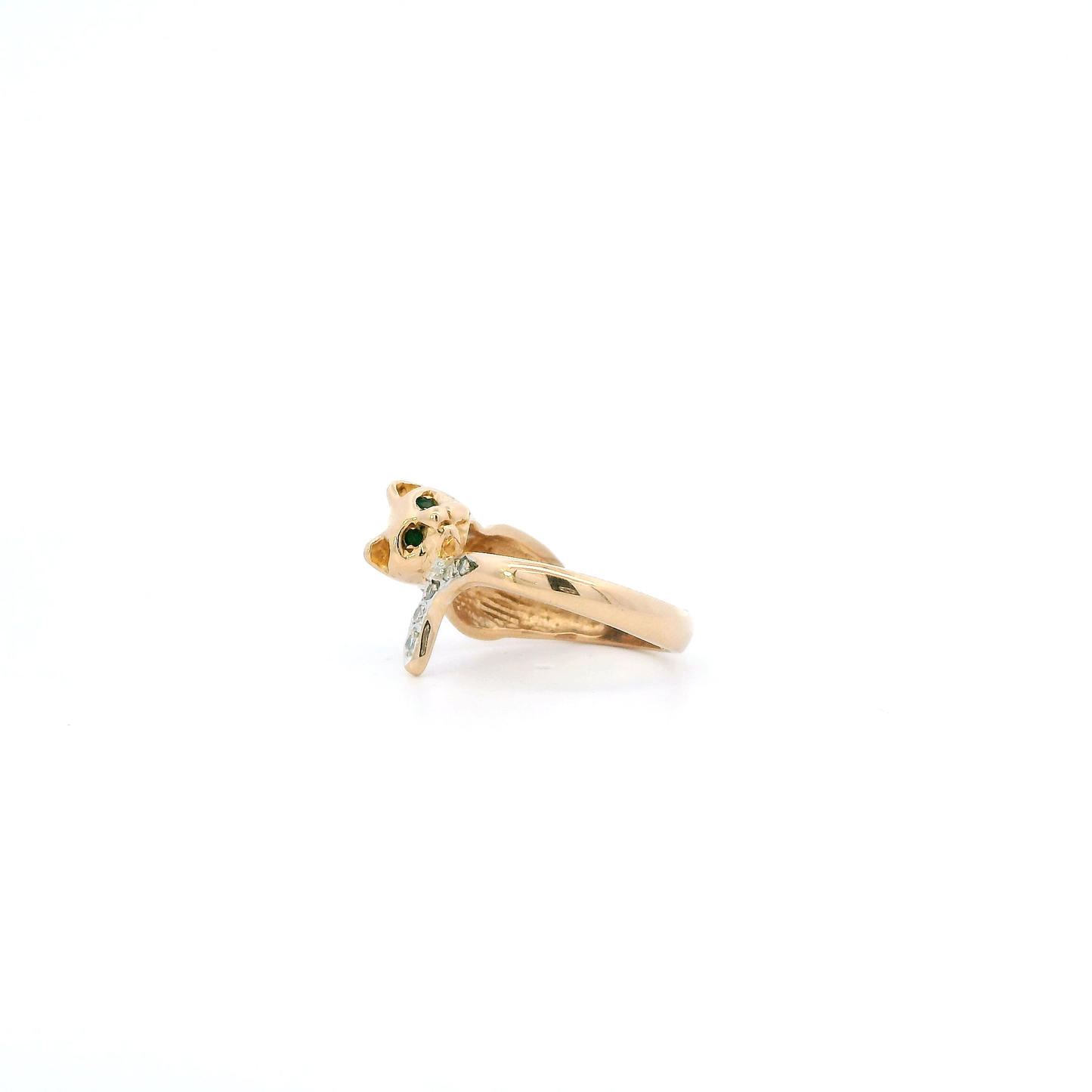 18K Yellow Gold Diamond & Emerald Cat Wrap Womens Ring 0.04ct