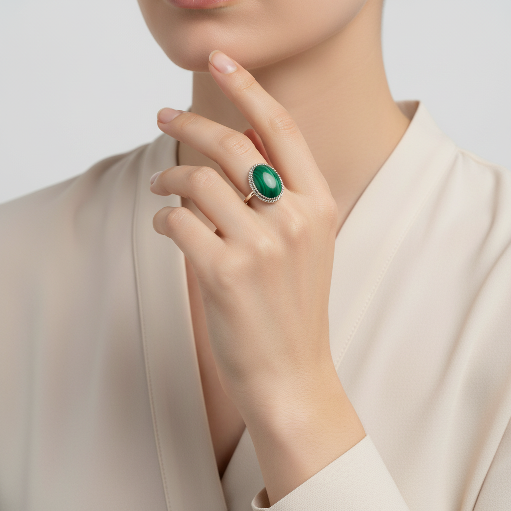 Sterling Silver Malachite Womens Ring Signed "B"