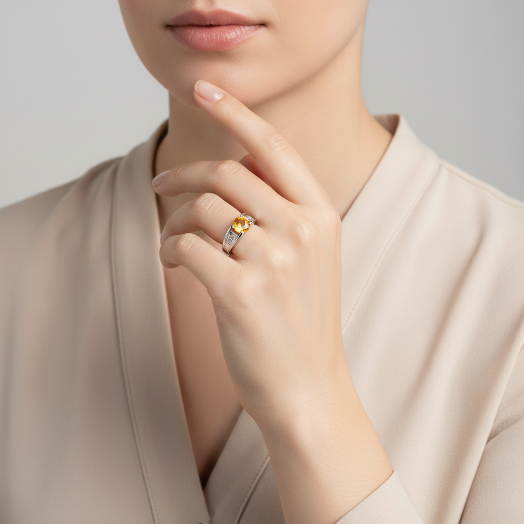 Platinum Diamond & Citrine Womens Ring - 0.49ct