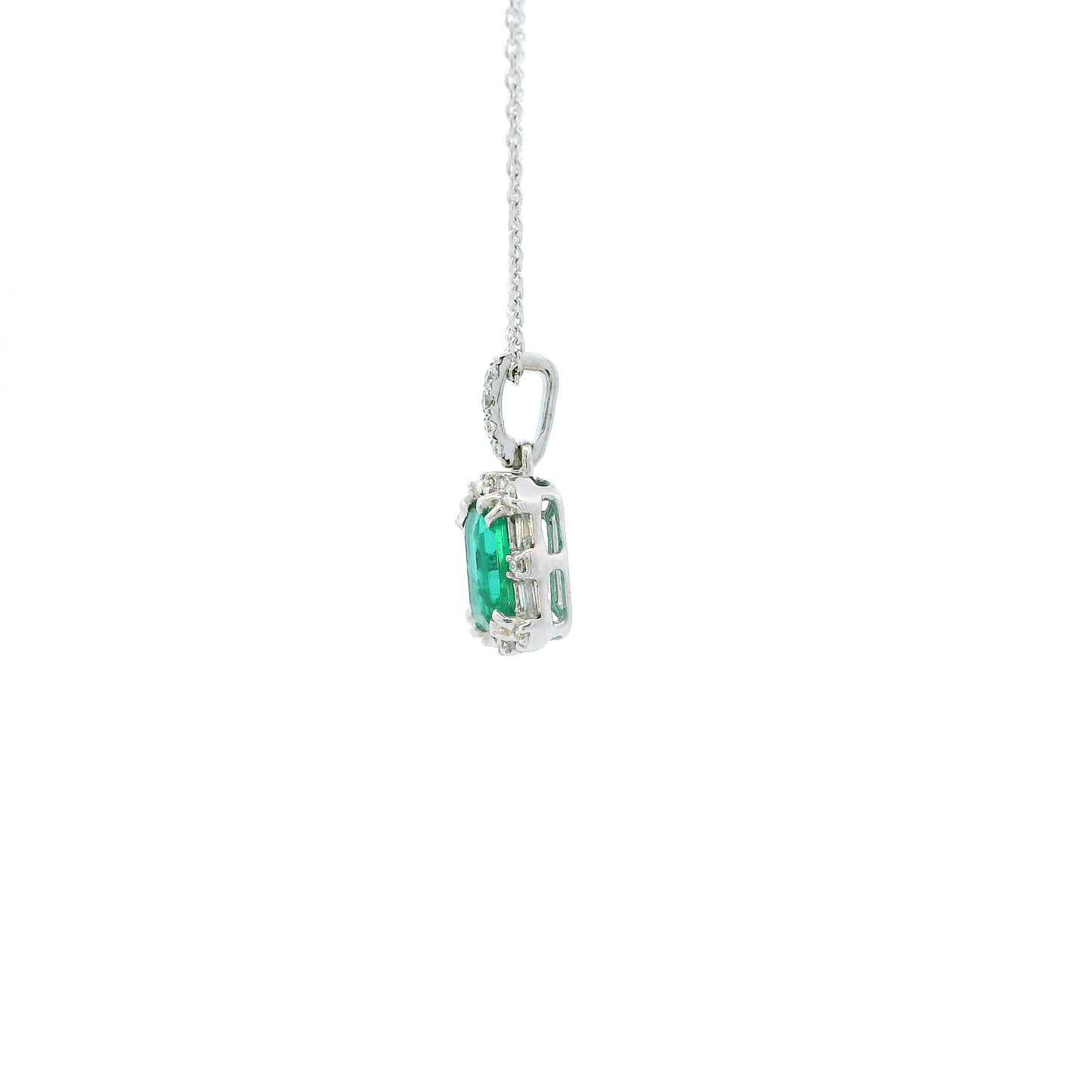 14K White Gold 16-18" Cable Chain & Diamond & Emerald Pendant - 0.12ct