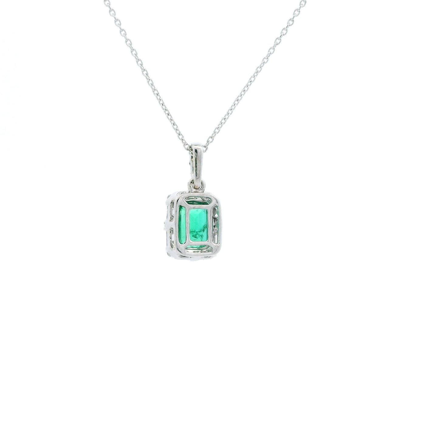14K White Gold 16-18" Cable Chain & Diamond & Emerald Pendant - 0.12ct