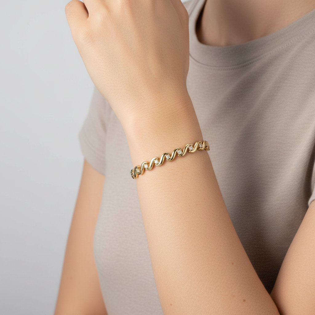 14K Yellow Gold 6.5" Diamond Tennis Bracelet W/ Security Chain - 0.81ct
