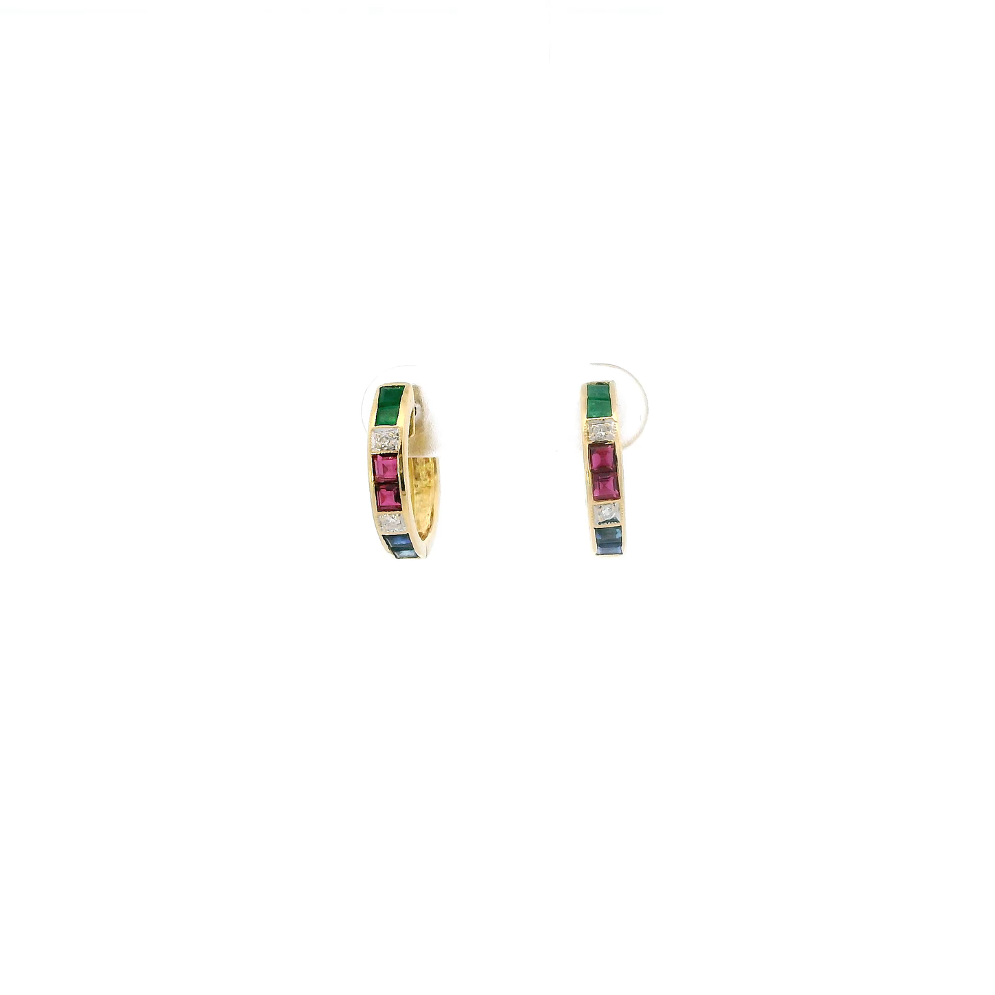 18K Yellow Gold Diamond, Sapphire, Ruby, & Emerald Huggie Hoop Earrings - 0.05ct