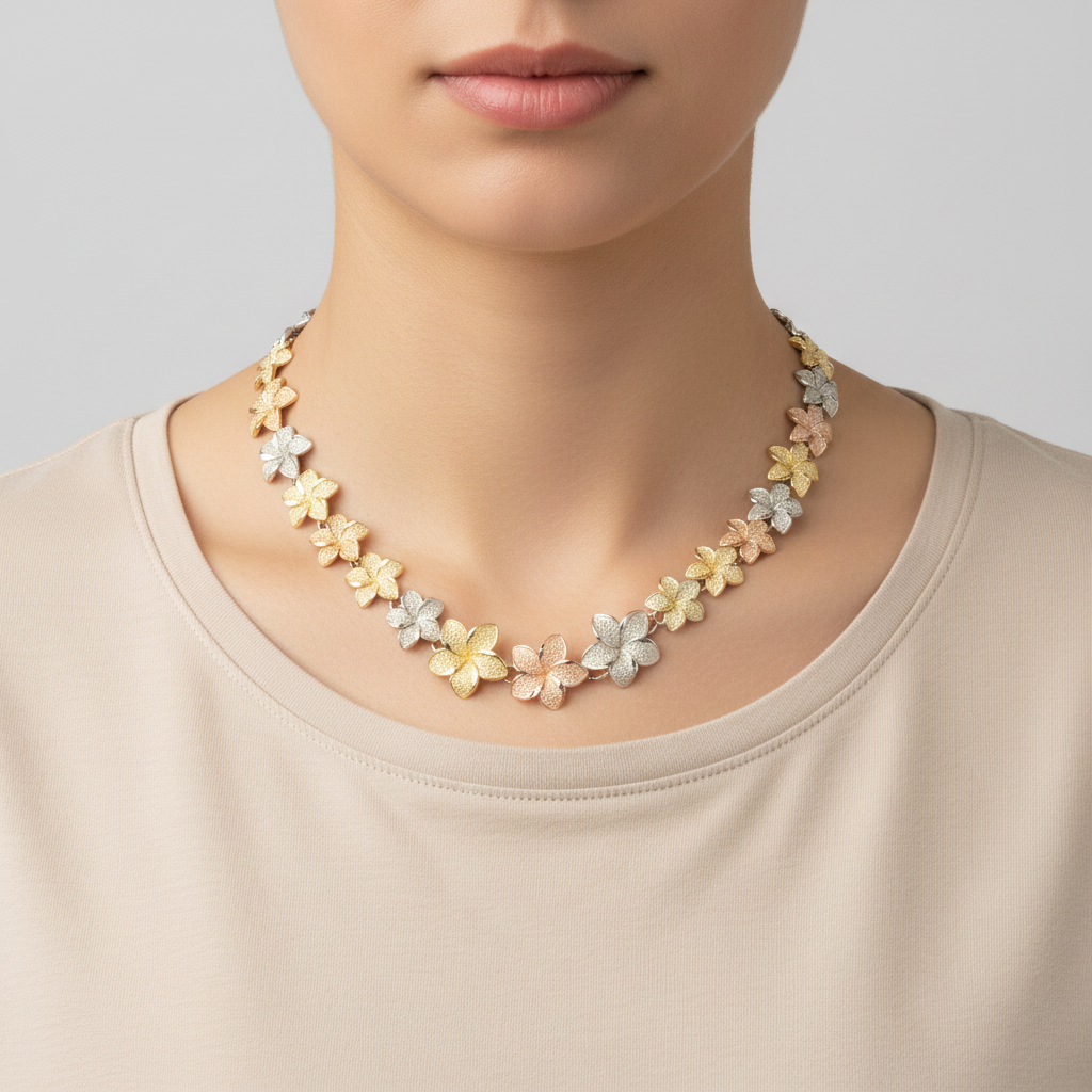 14K Tri Color Gold 17.25" Plumeria Flower Necklace