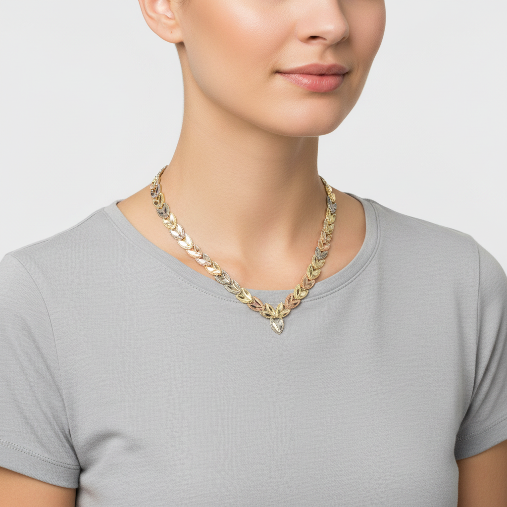 14K Tri Color Gold 19" Leaf Link Necklace