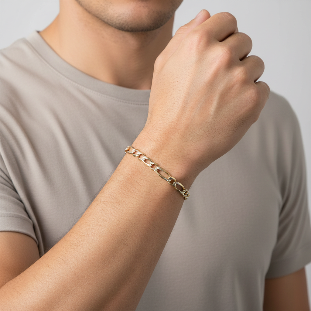14K Yellow Gold Diamond Cut Figaro Bracelet