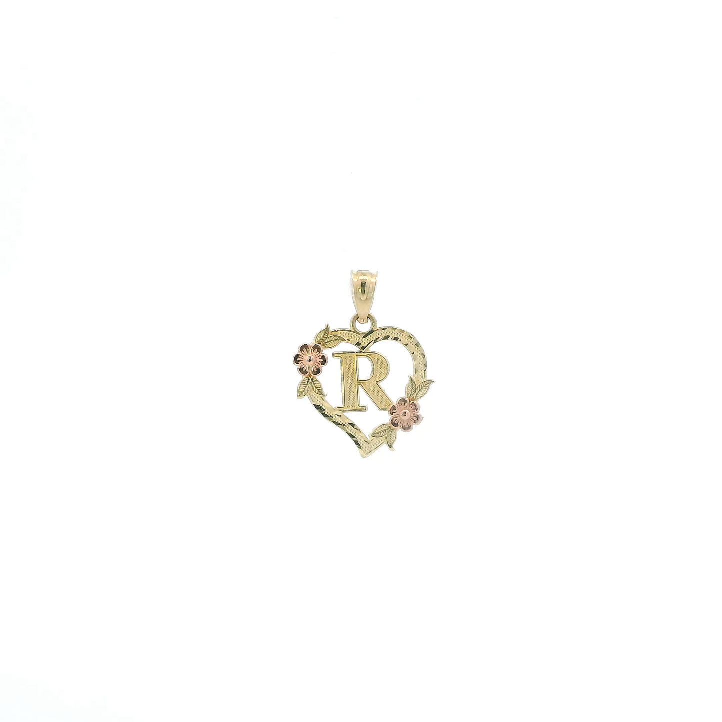 10K Yellow & Rose Gold Diamond Cut Letter "R" Heart Pendant