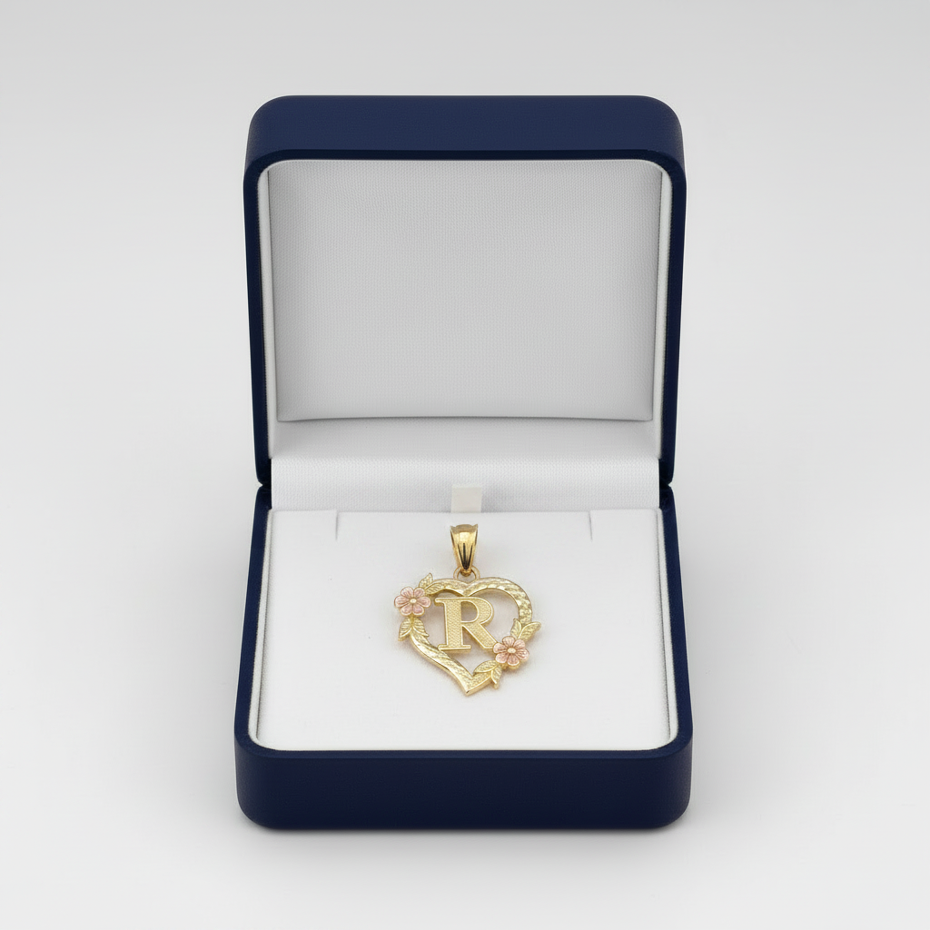 10K Yellow & Rose Gold Diamond Cut Letter "R" Heart Pendant