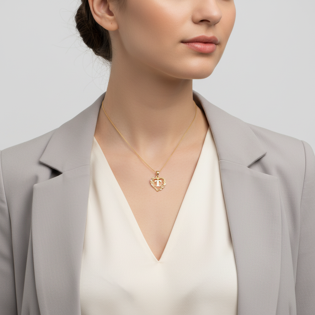 14K Yellow & Rose Gold Letter "T" Heart Pendant