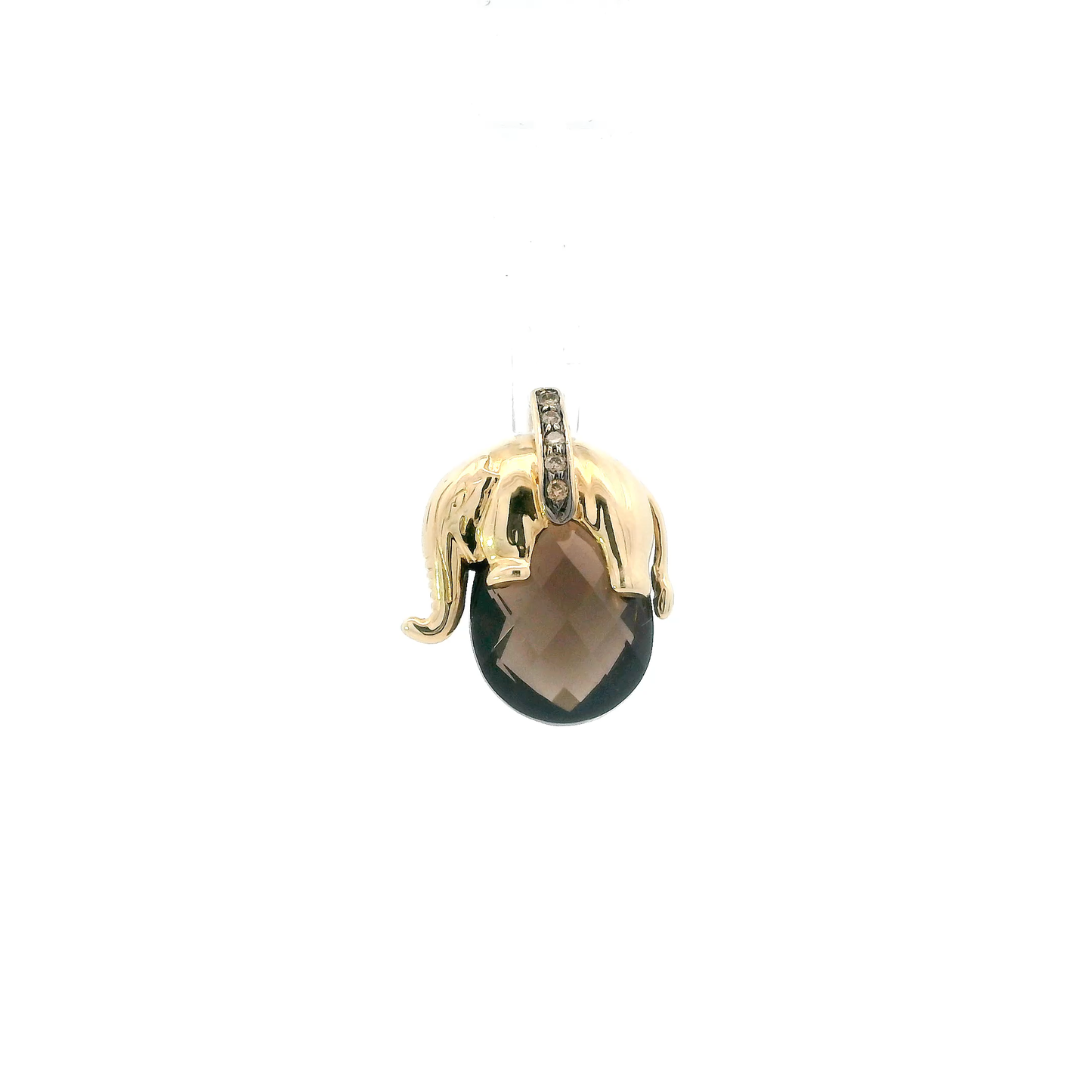 14K Yellow Gold Smokey Quartz & Diamond Elephant Pendant - 0.05ct