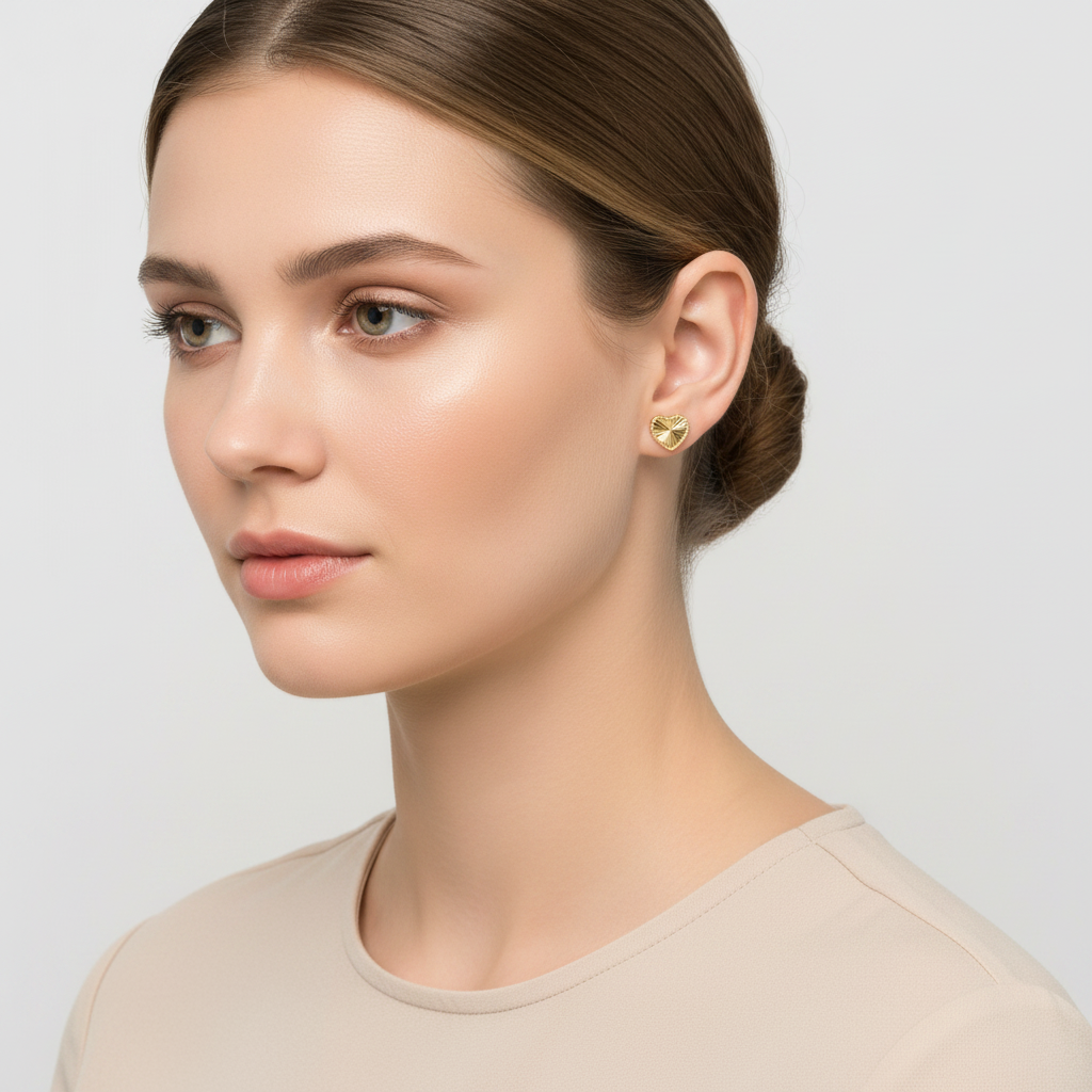 14K Yellow Gold Diamond Cut Heart Stud Earrings