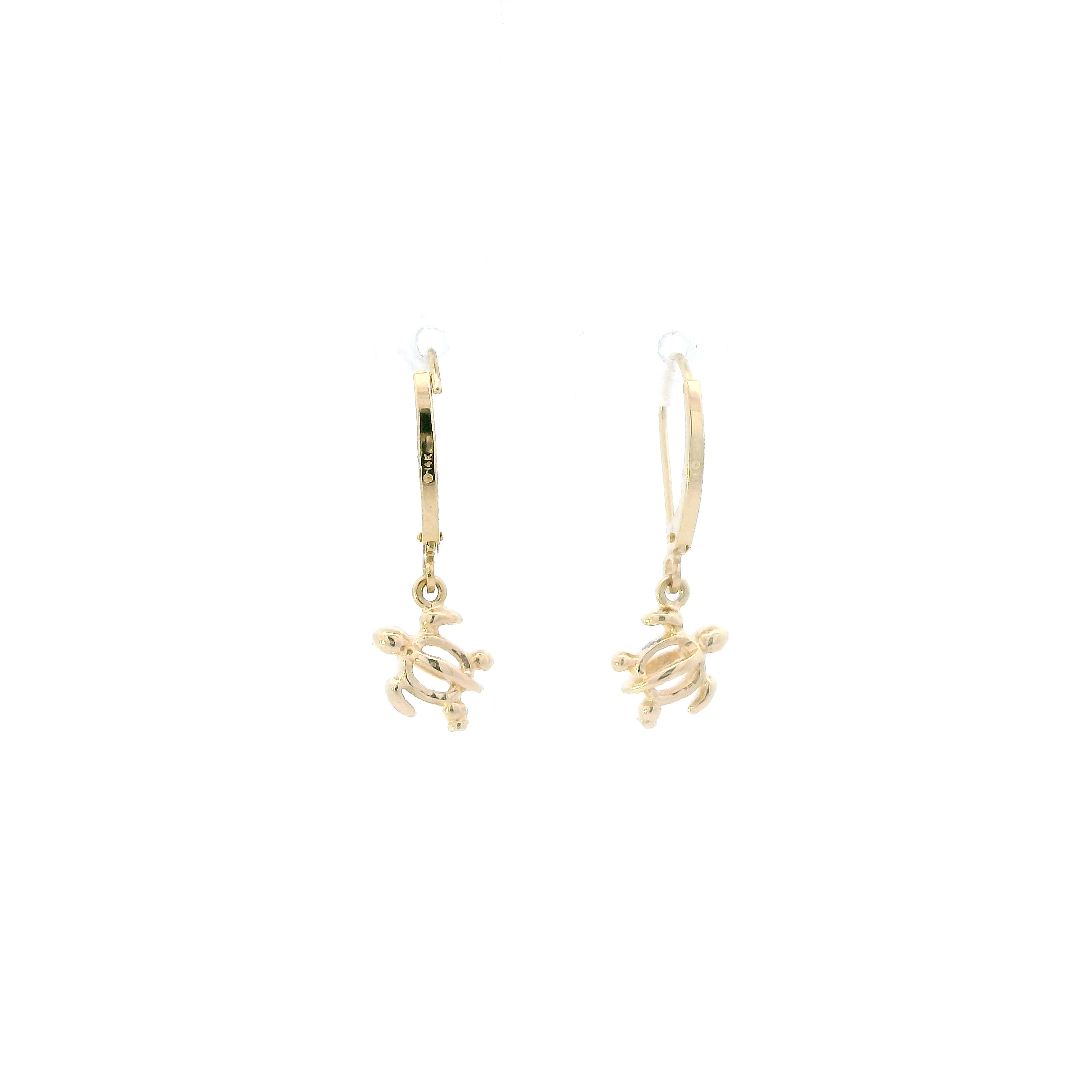 14K Hawaiian Sea Turtle Dangle Leverback Earrings