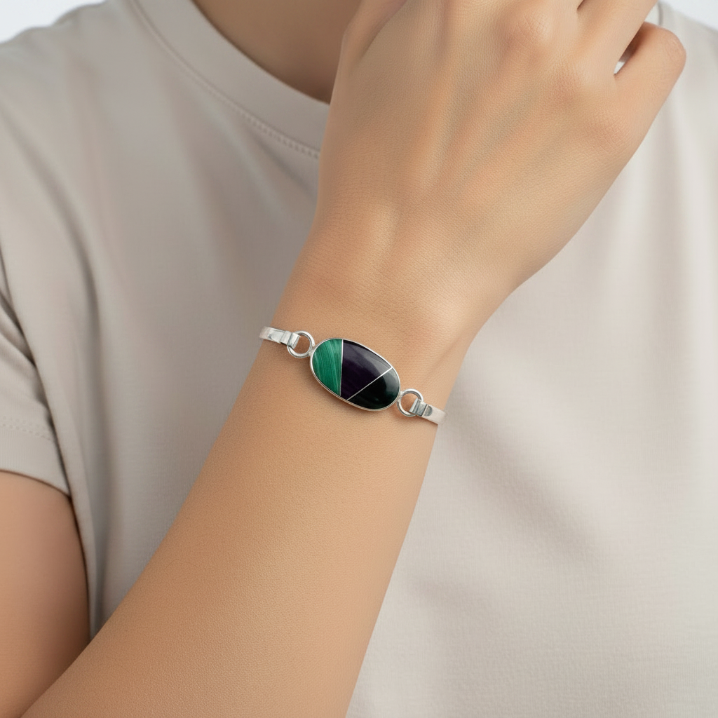 Vintage Sterling Silver Sugilite & Malachite Bangle Bracelet