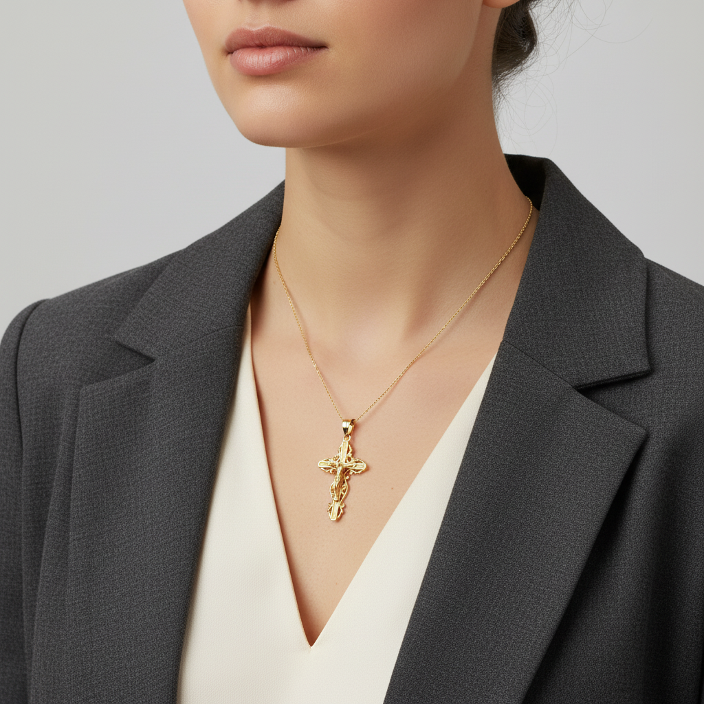 14K Yellow Gold Filigree Crucifix Pendant