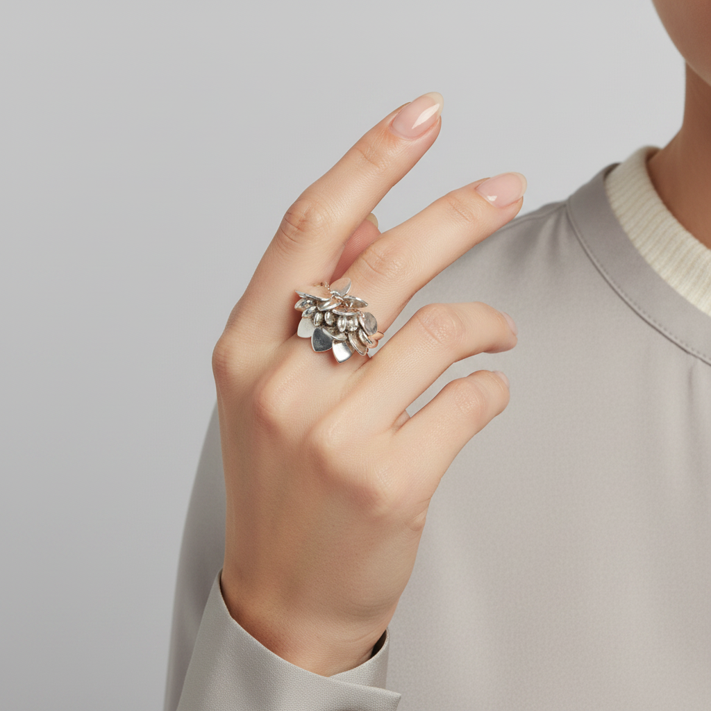 Silver Cluster Dangle Heart Womens Ring