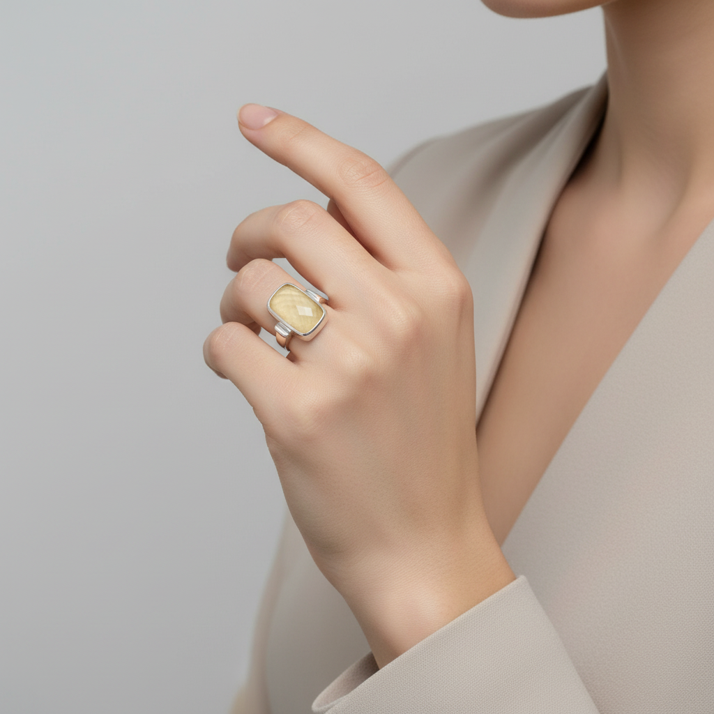 Silver Doublet Yellow Mop Rectangular Womens Ring