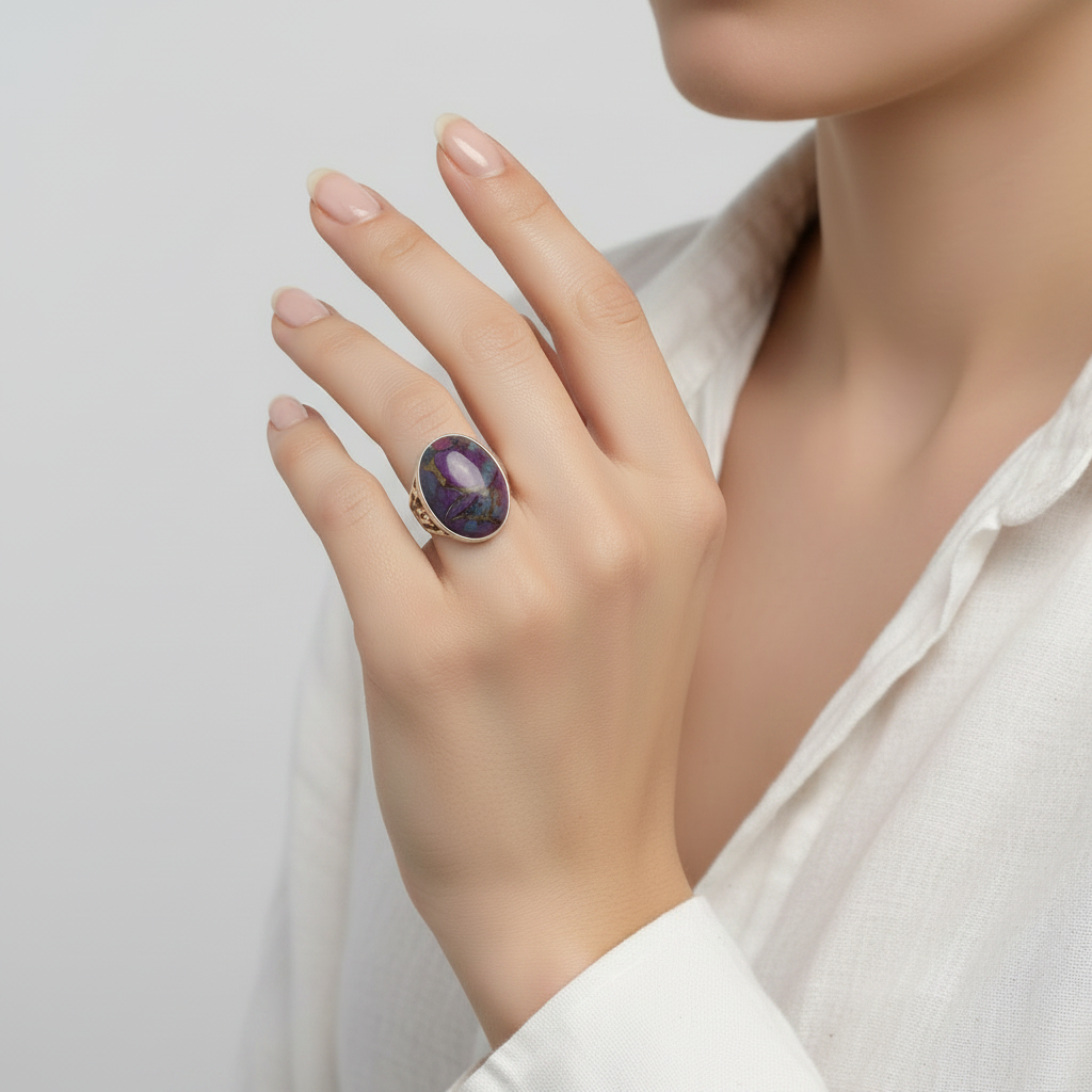 Silver Filigree Setting Purple Turquoise Womens Ring