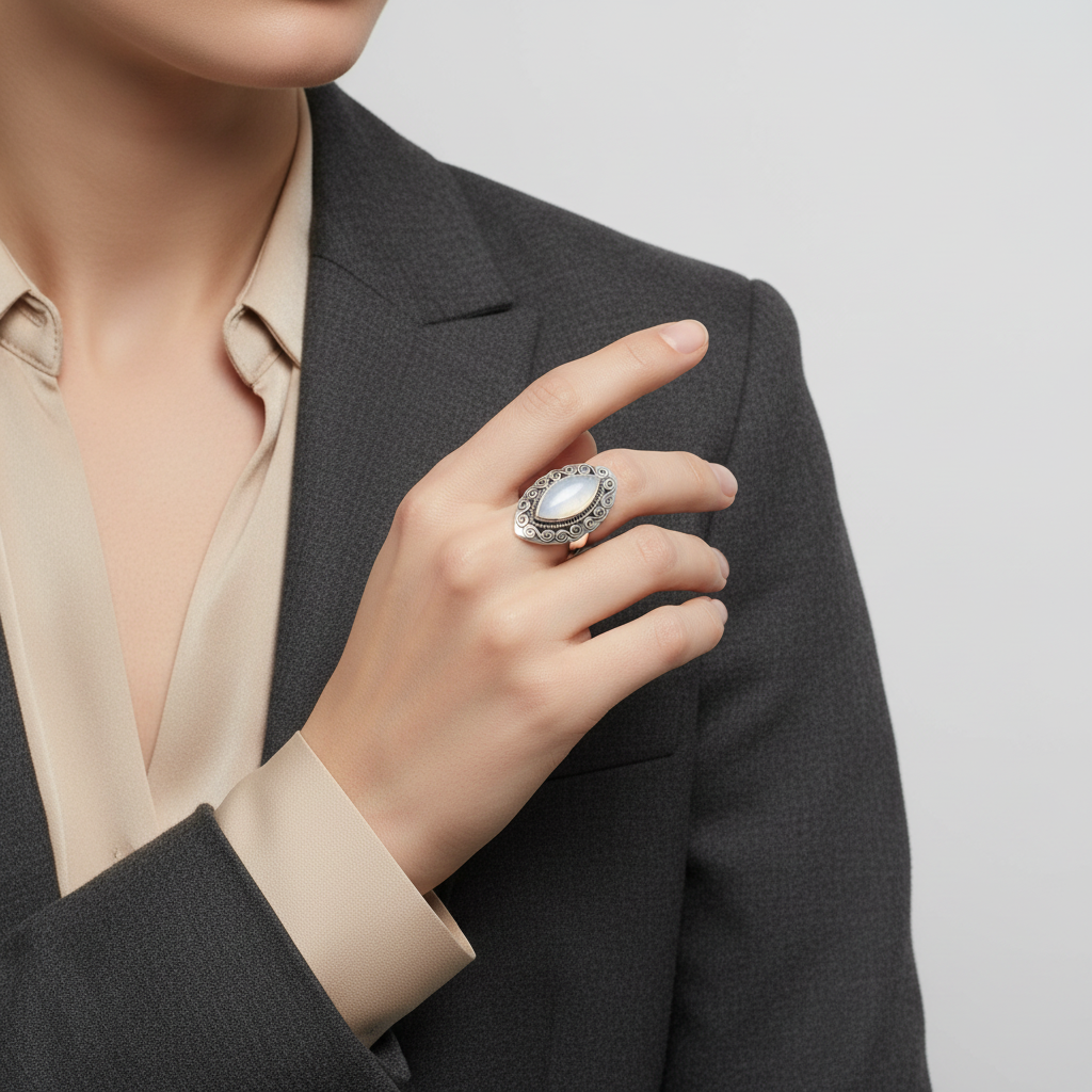Silver Moonstone Filigree Womens Ring