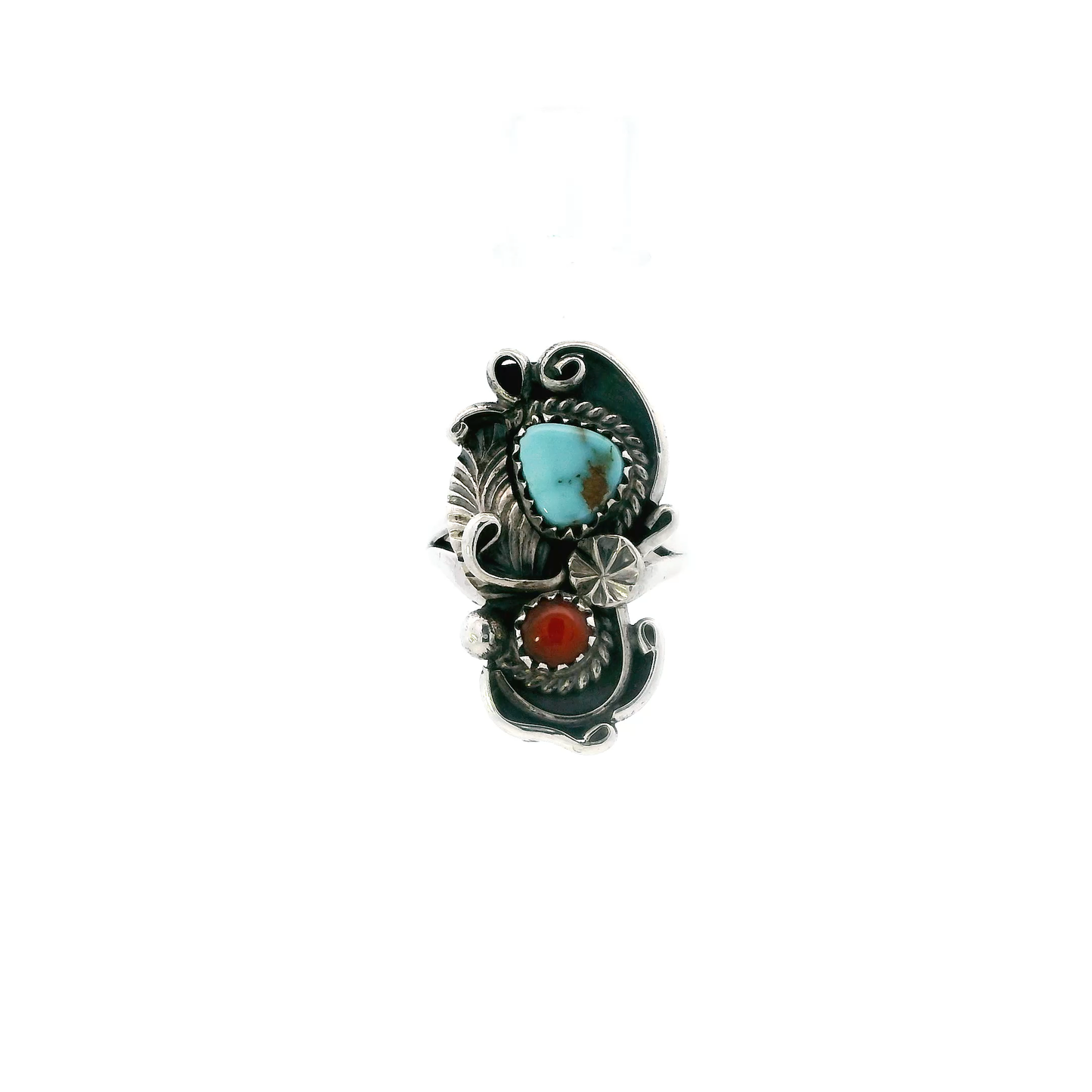 Silver Navajo Turquoise & Coral Womens Ring