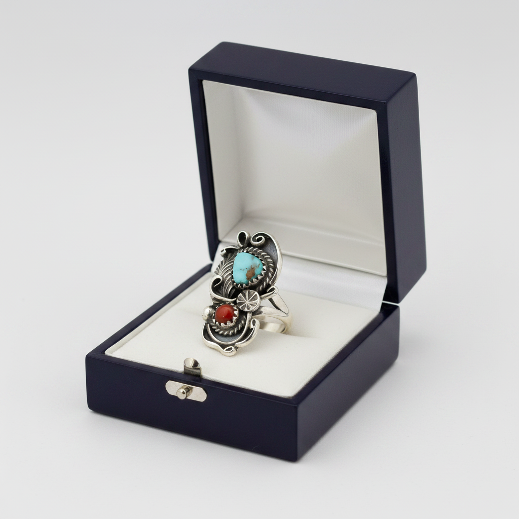 Silver Navajo Turquoise & Coral Womens Ring