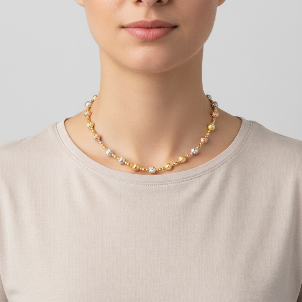14K Tri Color 16" Diamond Cut Beaded Necklace