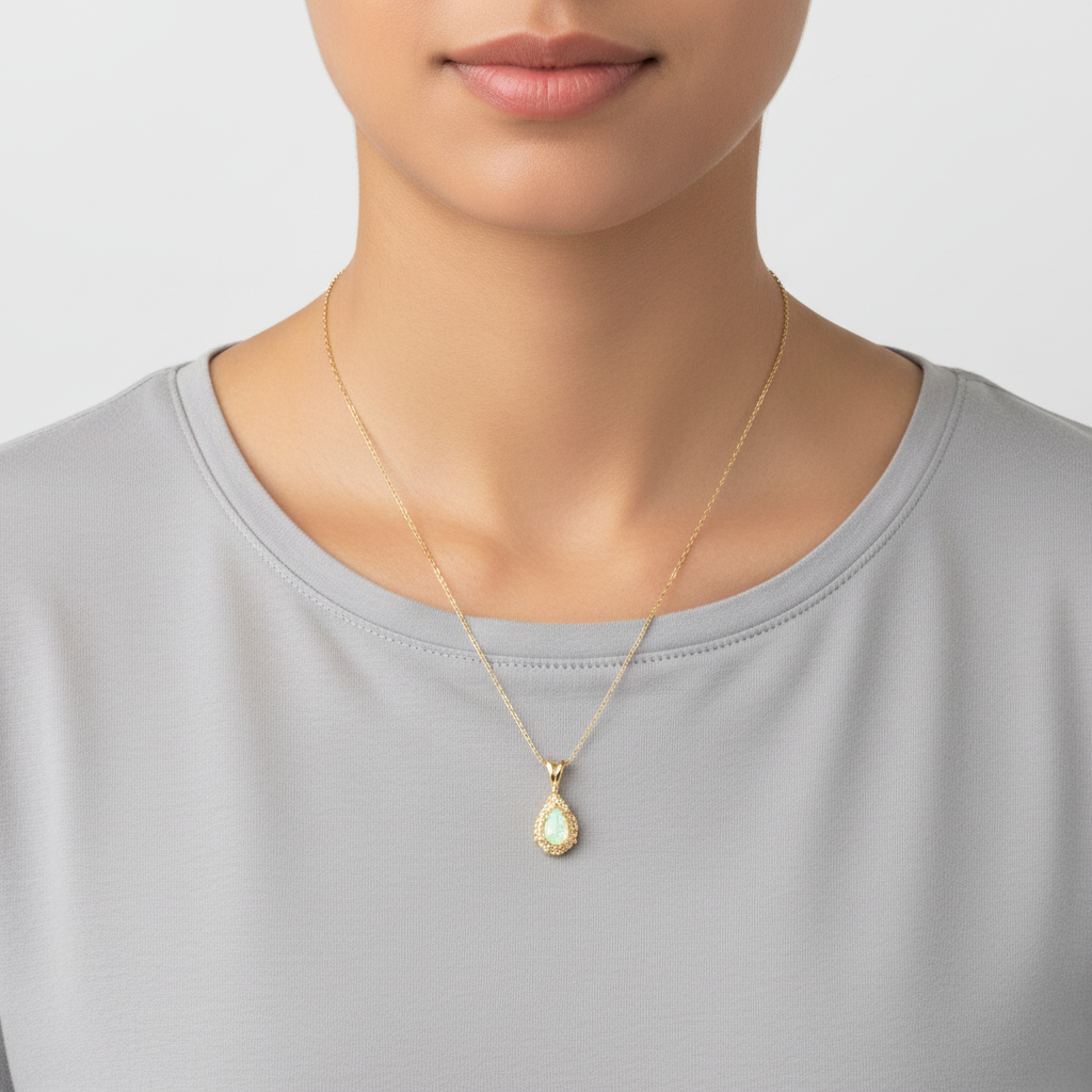14K Yellow Gold 18" Oval Link Chain & Pear Shape Opal Pendant