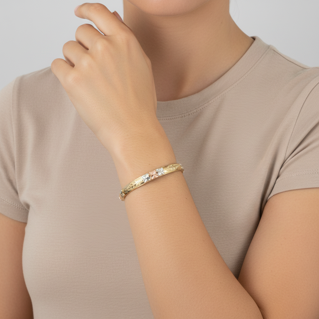 14K Tri Color Gold Floral Design Bangle Bracelet