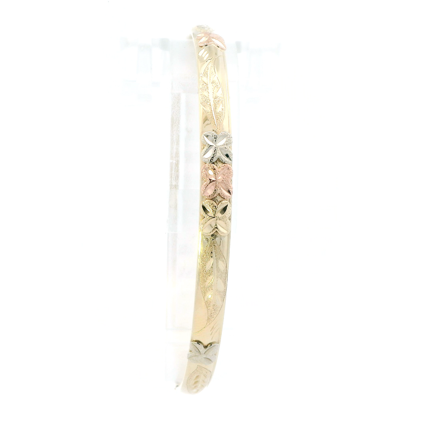 14K Tri Color Gold Floral Design Bangle Bracelet