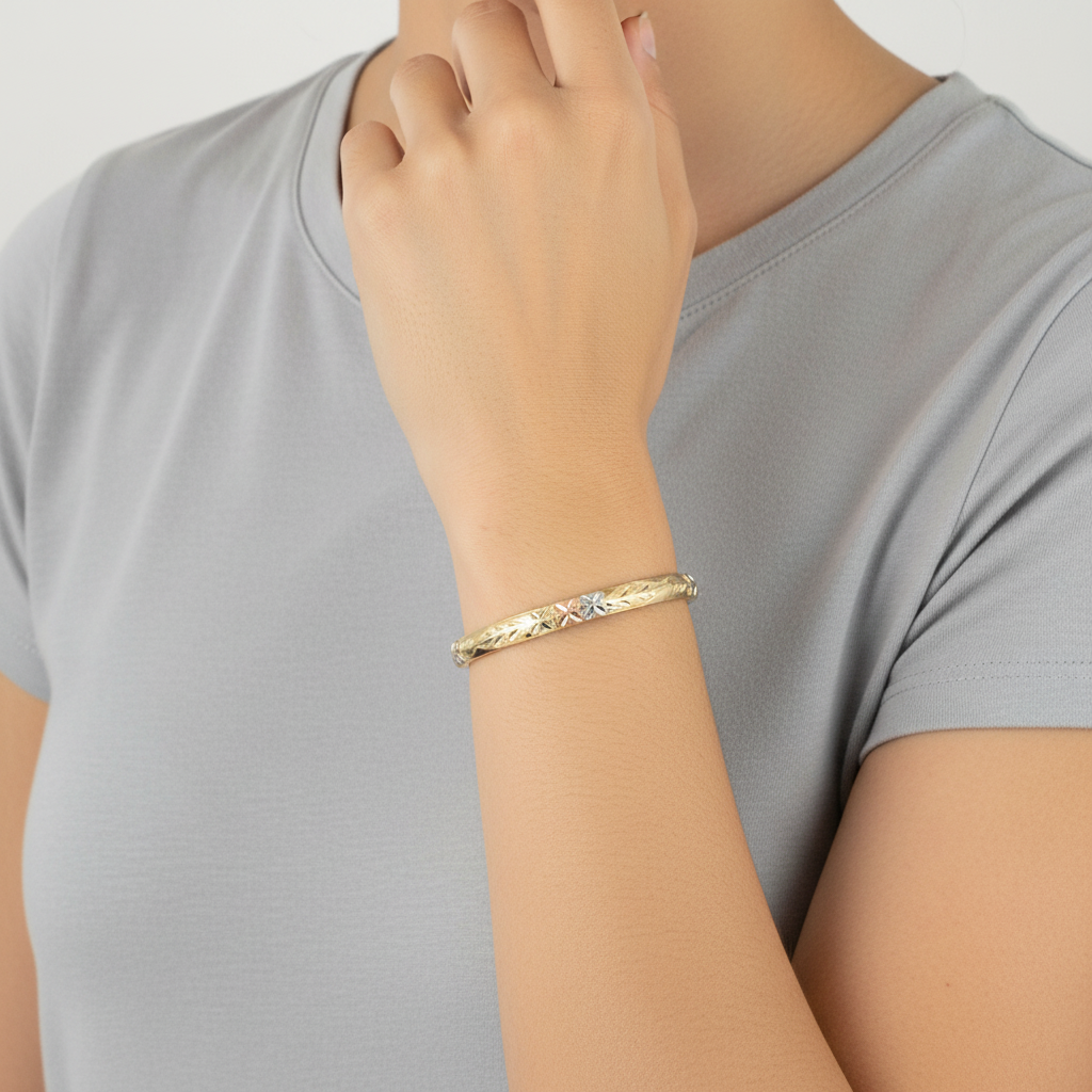 14K Tri Color Floral Design Bangle Bracelet