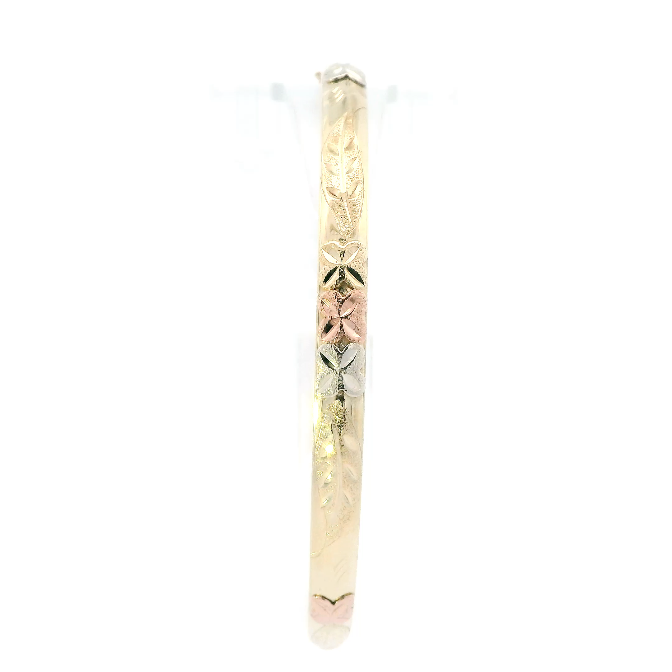 14K Tri Color Gold Diamond Cut Floral Design Bangle
