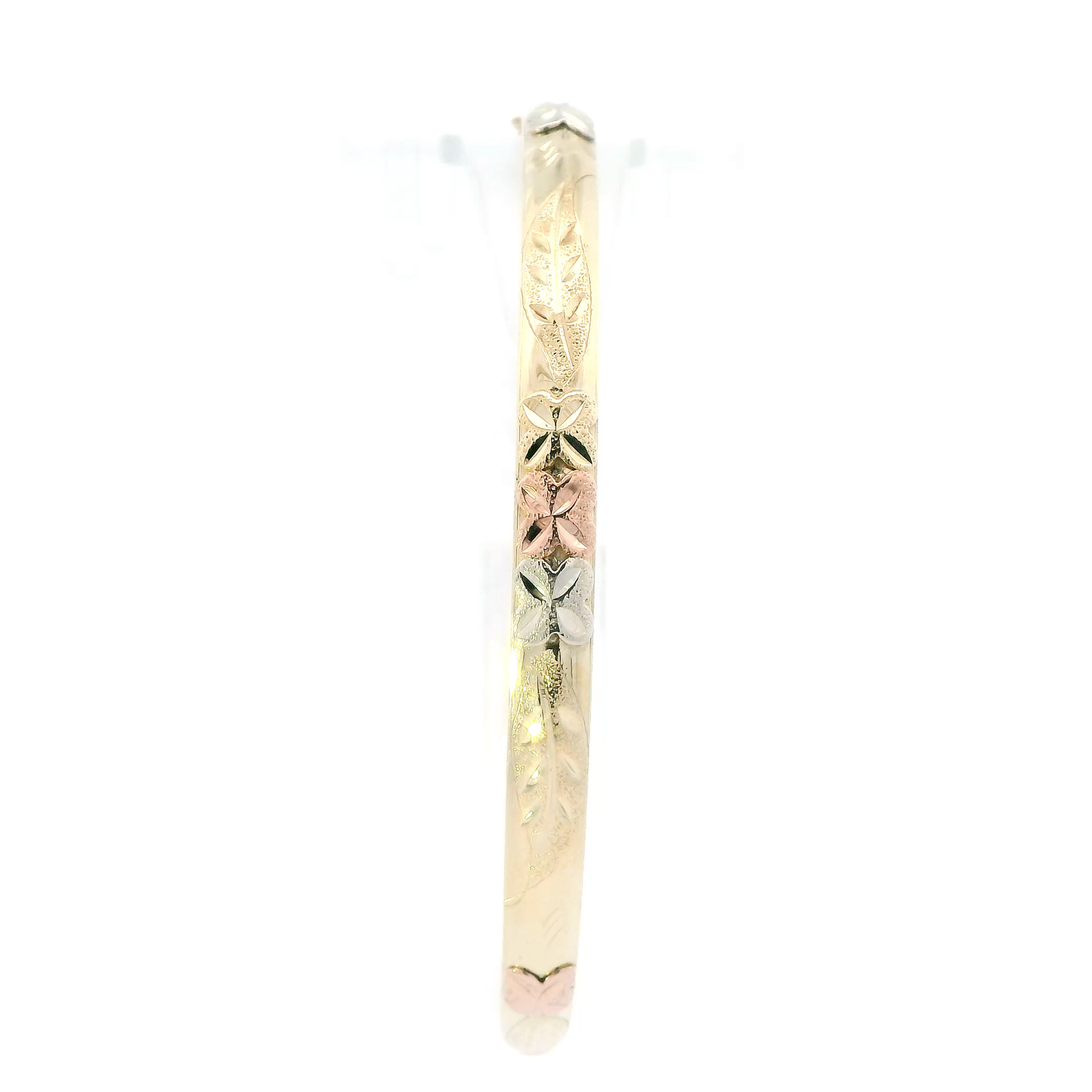 14K Tri Color Gold Diamond Cut Floral Design Bangle