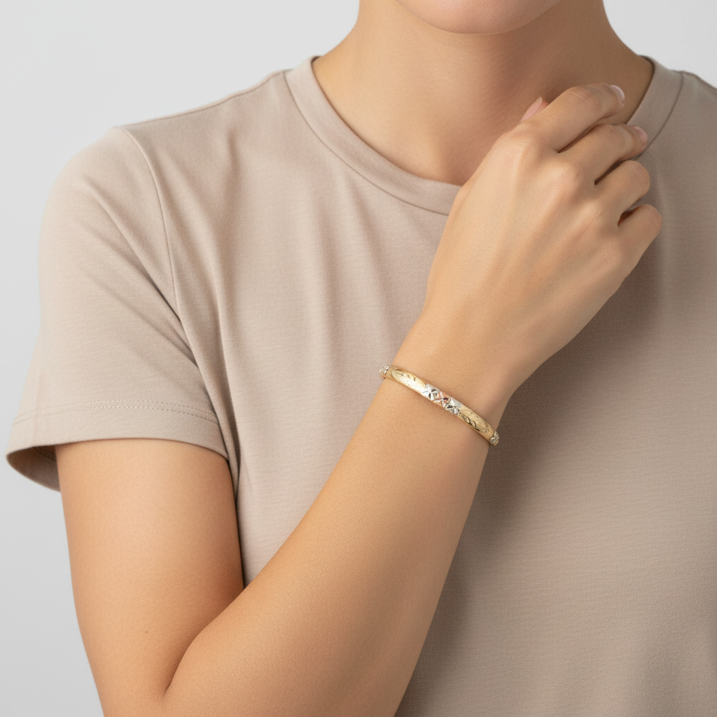 14K Tri Color Gold Diamond Cut Floral Design Bangle