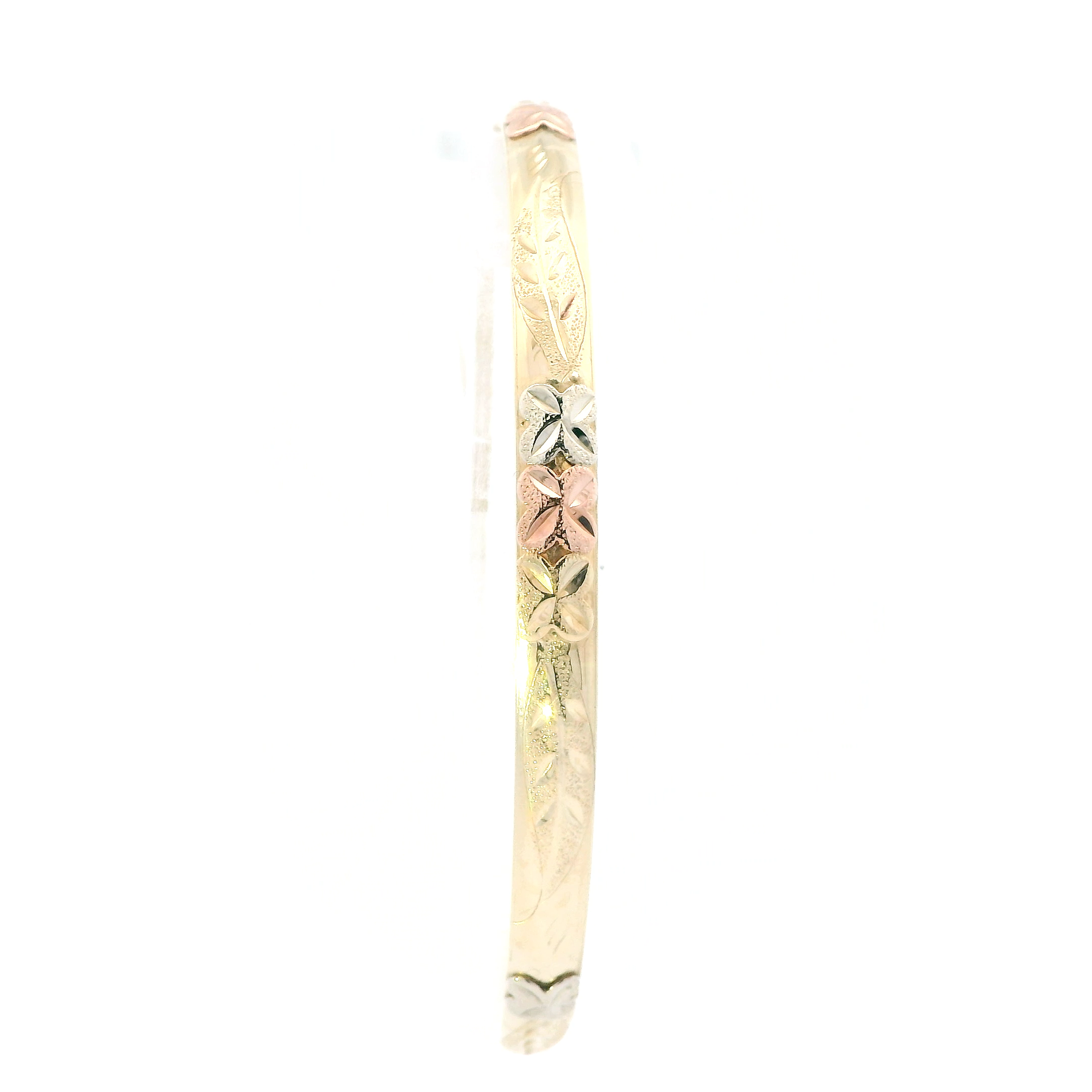 14K Tri Color Gold Diamond Cut Floral Design Bangle