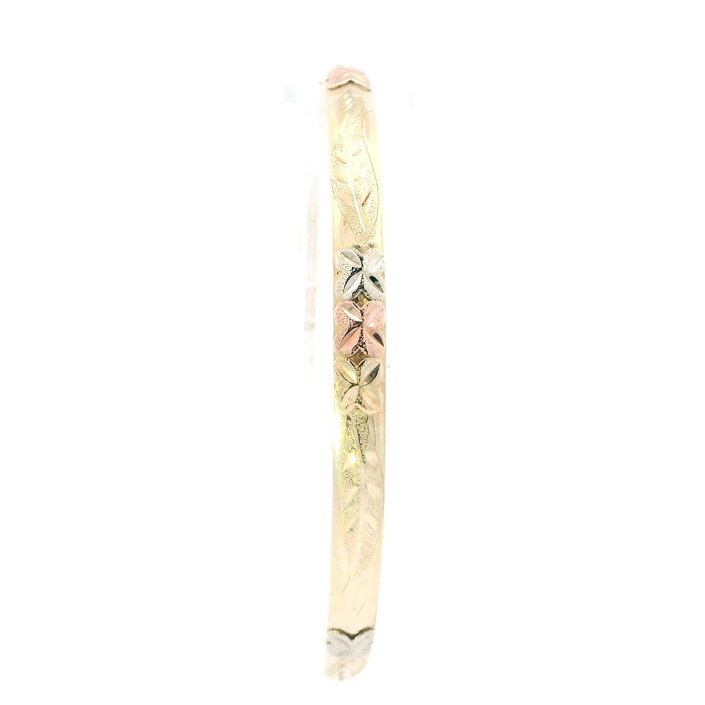 14K Tri Color Gold Diamond Cut Floral Design Bangle