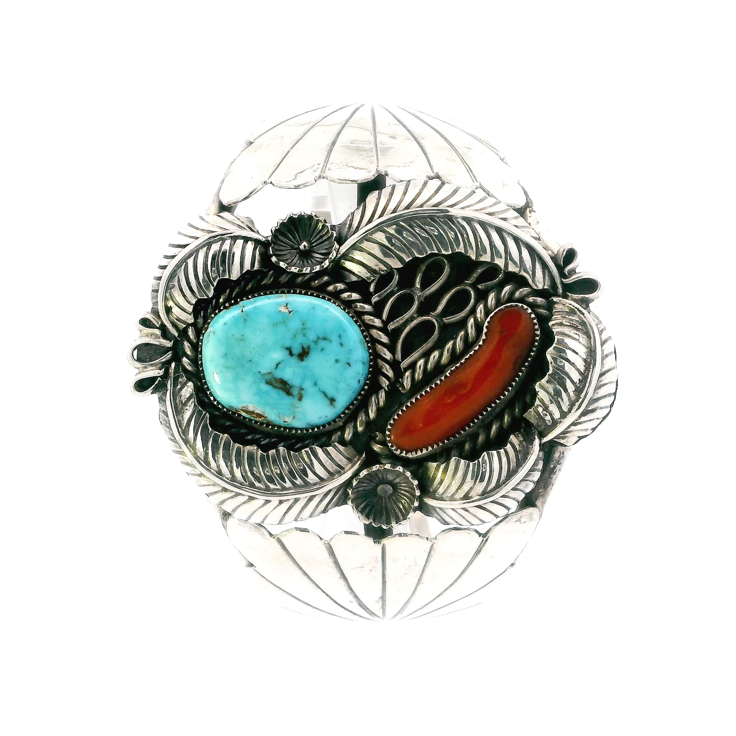 Sterling Silver Turquoise & Coral Signed "DB" Navajo Bracelet