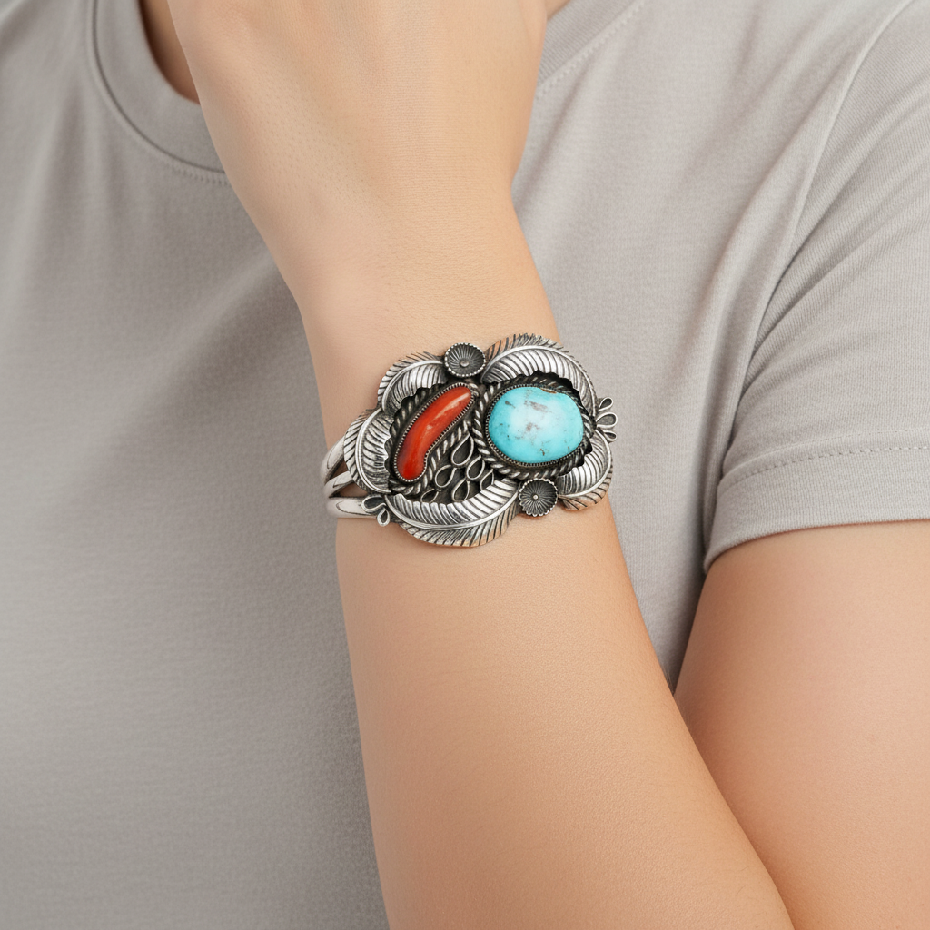Sterling Silver Turquoise & Coral Signed "DB" Navajo Bracelet