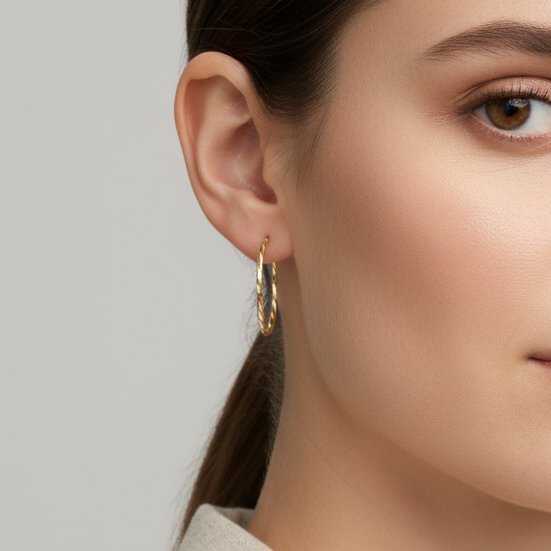 14K Yellow Gold Diamond Cut Twist Hoop Earrings